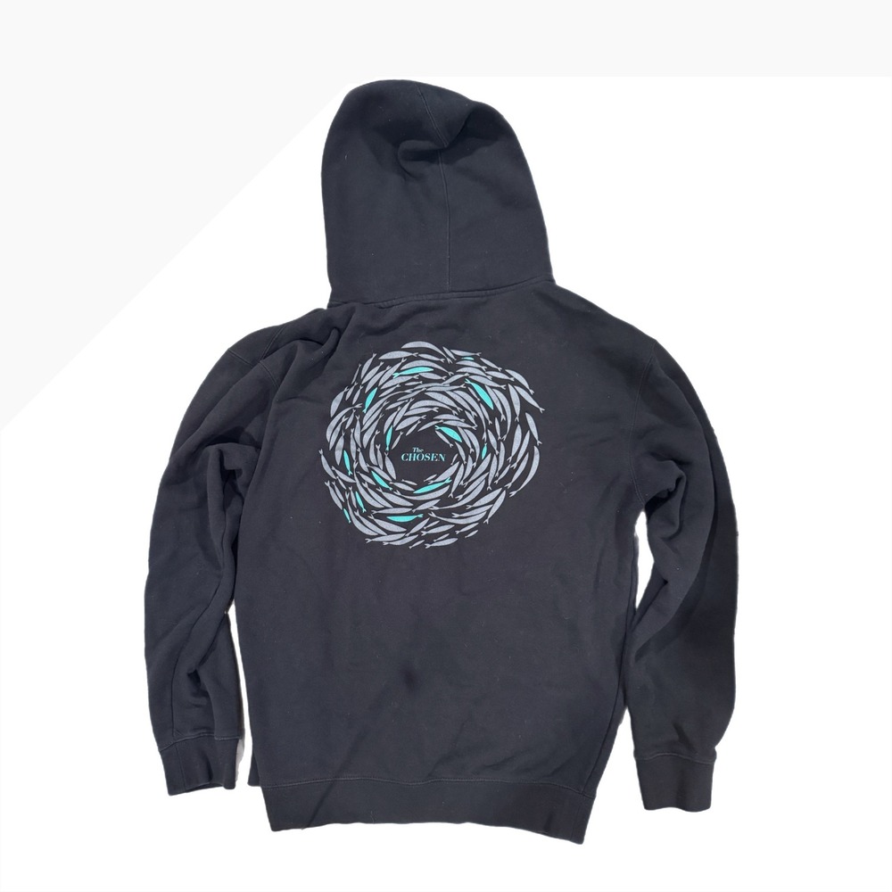 The Chosen Christian Full Zip Hoodie Black Swirling Fish Graphic Mens Lrge